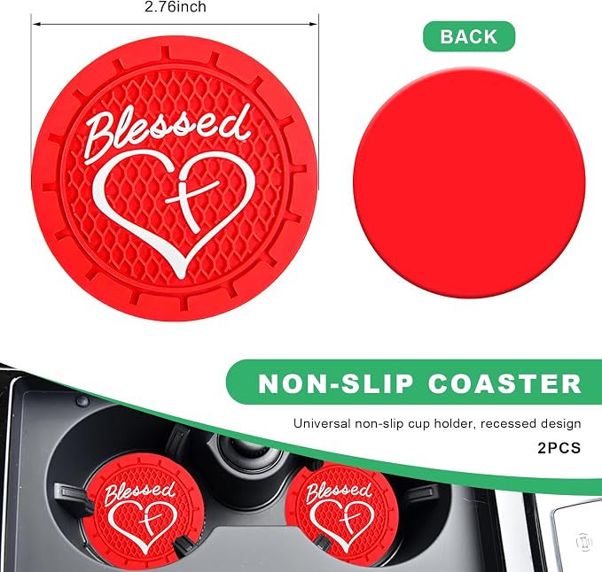 2 PCS Car Cup Holder Coaster, 2.76 Inch Non-Slip Auto Drink Mats with Blessed Cross and Heart, Shockproof Christian Cup Insert Coaster for Most Vehicles, Car Accessories (Red)
