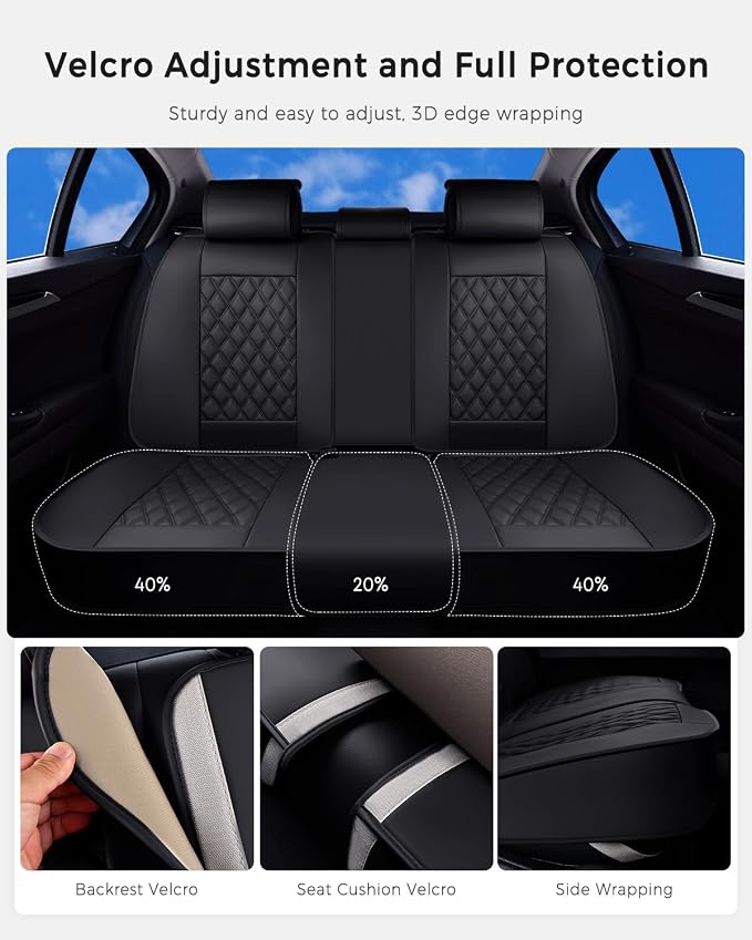 Huidasource Back Seat Cover, Nappa Leather Rear Seat Cover Velcro Adjustable, Compatible with Armrests, Seat Belts, Child Safety Seats, Fit for Most Cars SUVs Trucks (Back Row/Black)