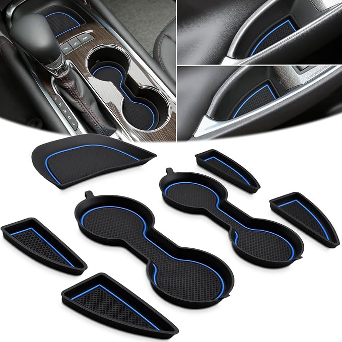 Auovo Cup Holder Inserts Coaster Center Console Liners Compatible with Chevy Malibu Accessories 2017-2025 Silicone Cup Mat Pad Door Liners Car Interior Decoration(Blue, 7PCS-with Door Liners)