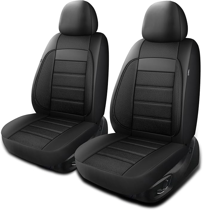 HChengkikz Front Car Seat Covers, Leather, 3D Foam Back Support (Black) | Air Mesh, Airbag Compatible, Universal Fit for Most Cars, Vans, Trucks, SUVs