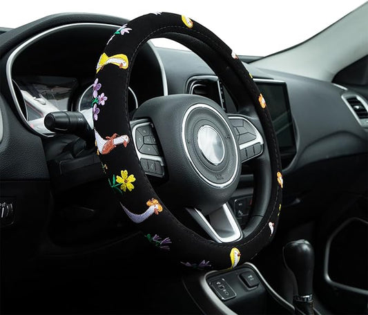 Embroidered Goose Cute Black Steering Wheel Cover, Auto Anti-Slip Breathable Steering Wheel Protector, Goose Car Accessories for Women,Universal Size Fit Most Cars -15 inch