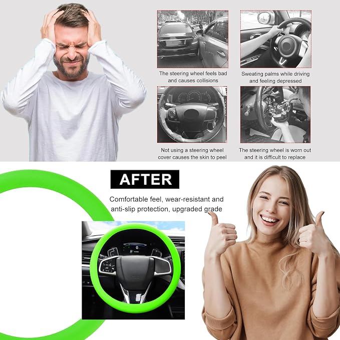 DXNQ Car Steering Wheel Cover, 13 to 14.17 inches Anti-Slip Silicone Steering Wheel Protector, Soft Flexible Shock-Absorbent Steering Wheel Protective Cover for Most Car Models (Green)