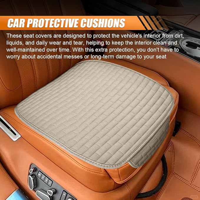 Car Front Seat Cover, Breathable Linen Auto Seat Cushion (BeigeS) | Anti-Slip Vehicle Seat Pad with Storage Pocket, Universal Automotive Seats Protection Mat for Car, SUV, Truck