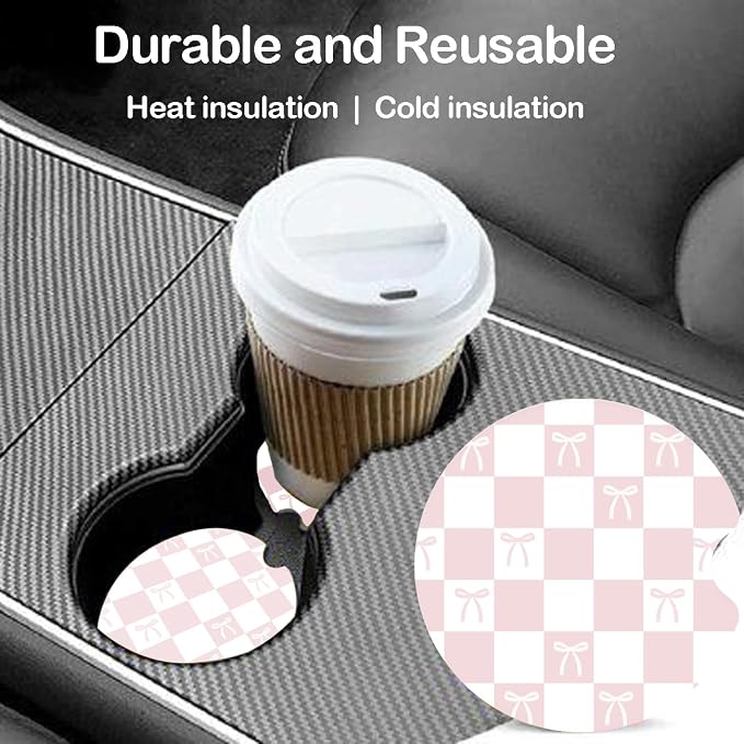 Ceramic Car Coasters – Absorbent Car Cup Holder Coaster Set for Women, Cute Aesthetic Car Accessories for Girls, 2 Pack (Petal Pink)