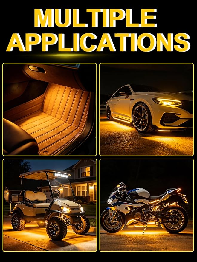 YM E-Bright Amber Yellow Underglow LED Strip Lights DC12V 4 Pack 11inch | IP67 Waterproof, 5050 SMD chips, fits car, motorcycle, boat, golf cart, scooter & bike for interior and exterior decoration