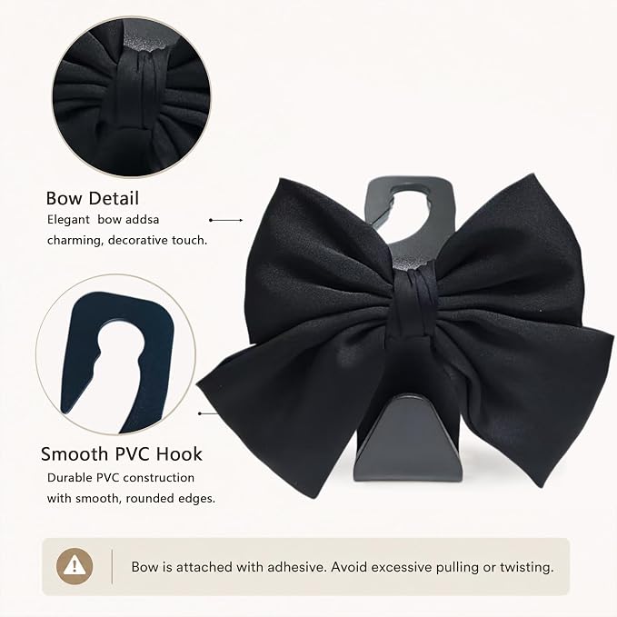 2 Pack Car Purse Hooks, Cute Bow Car Seat Headrest Hook Hanger for Purses and Bags, Space-Saving Car Accessory (Black silk)