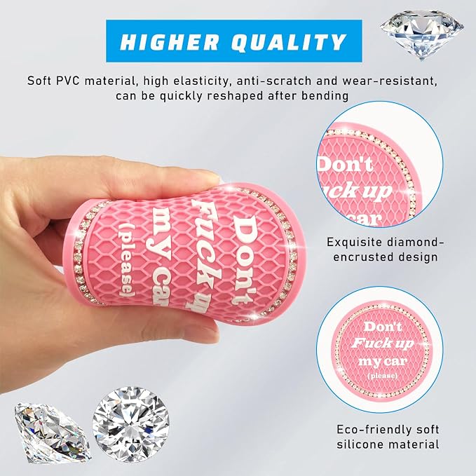 4 PCS Bling Car Cup Coaster, 2.75 Inch Anti-Slip Cup Holder Insert Coasters, Universal Crystal Rhinestone Auto Drink Car Cup Mat, Interior Car Accessories for Women Girls (Pink)