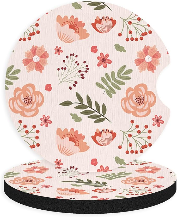 2pcs Cute Pink Flowers Car Coasters,Absorbent Universal neoprener Cup Holder Coasters with a Finger Notch,Car Accessories for Women&Man Interior，2.75" 4