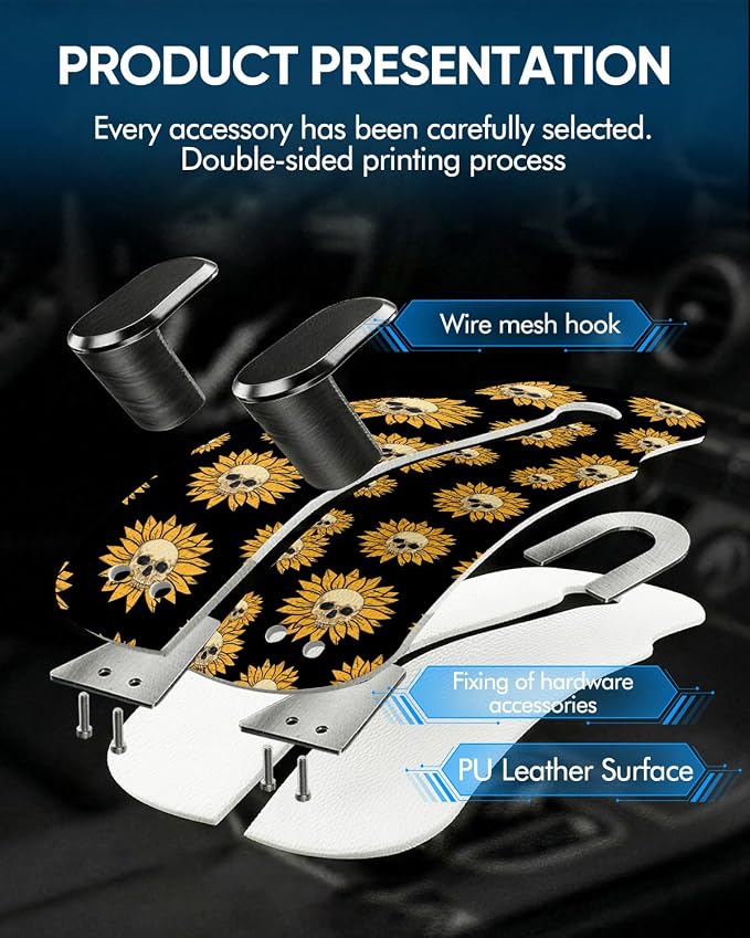 WOCOCN Purse Holder for Car, 2 Pack Heavy Duty Purse Hanger for Car, PU Leather Car Seat Hooks for Purses and Bags, Cute Sunflower Skull Headrest Organizer for Handbags & Backpacks