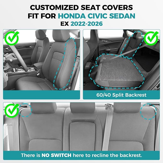 Seat Covers for Honda Civic Sedan 4DR Sedan EX 2022-2024 & Sport, Hybrid Sport 2025-2026, Faux Leather Car Seats Cover Full Set Waterproof, Black Grey (60/40 Split Seatback-with Rear Armrest)