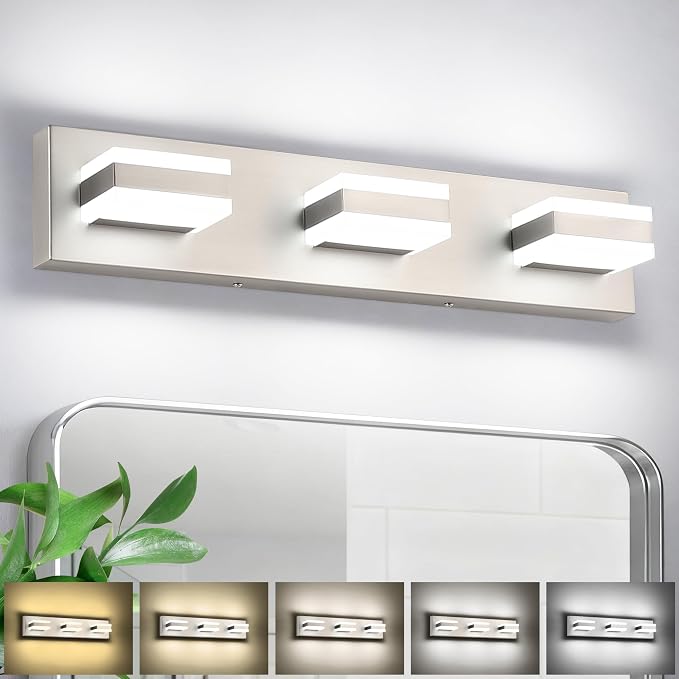 SOLFART Vanity Lighting Over Mirror, 3 Lights Brushed Nickel Bathroom Light, Modern LED Light Fixtures, 5 Color Temperature Adjustable Modern Light for Bathroom ETL Listed