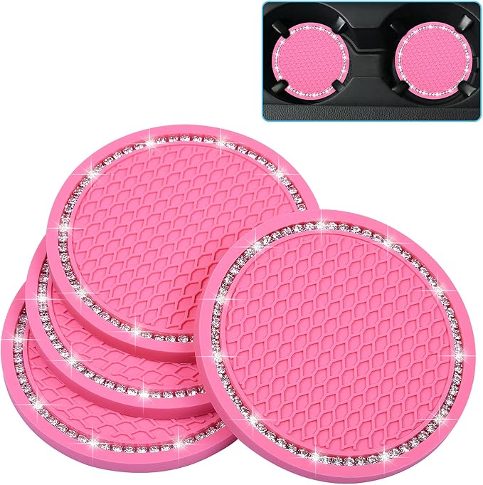 Bling Car Coasters, Wisdompro 4 Pack PVC Car Cup Holder Insert Coaster - Anti Slip Universal Vehicle Interior Accessories Crystal Glitter Cup Mats for Women and Men (2.75" Diameter, Pink)