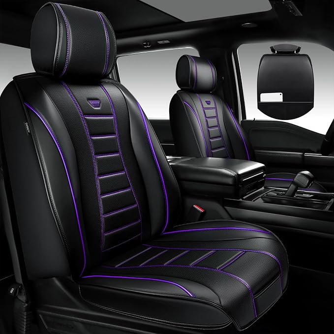 CAR PASS Universal Fit Piping Leather Seat Covers for Cars SUV Truck, Waterproof Nappa Leather Car Seat Covers Full Set, 3D Foam Seat Cover Luxury&Comfort&Durable Airbag Compatible,violet purple black