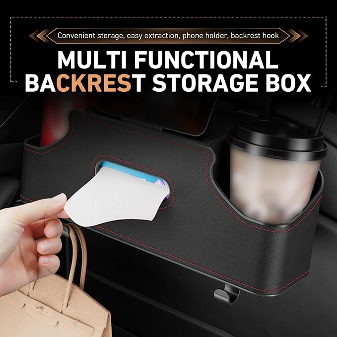Car Organizer, Car Back Seat Organizer with 2 Drink Cup Holder, Leather Car Storage Box with Tissue Pouch, Multi-functional Behind Seat Storage Case, Universal for Most Vehicles (Black)
