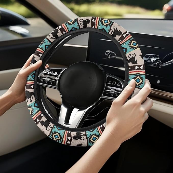 Wanyint Aztec Horse Blue Car Steering Wheel Cover Universal 15 Inch Steering Wheel Wrap Anti-Slip Soft Elastic Decorative Auto Accessories All Weather Protection