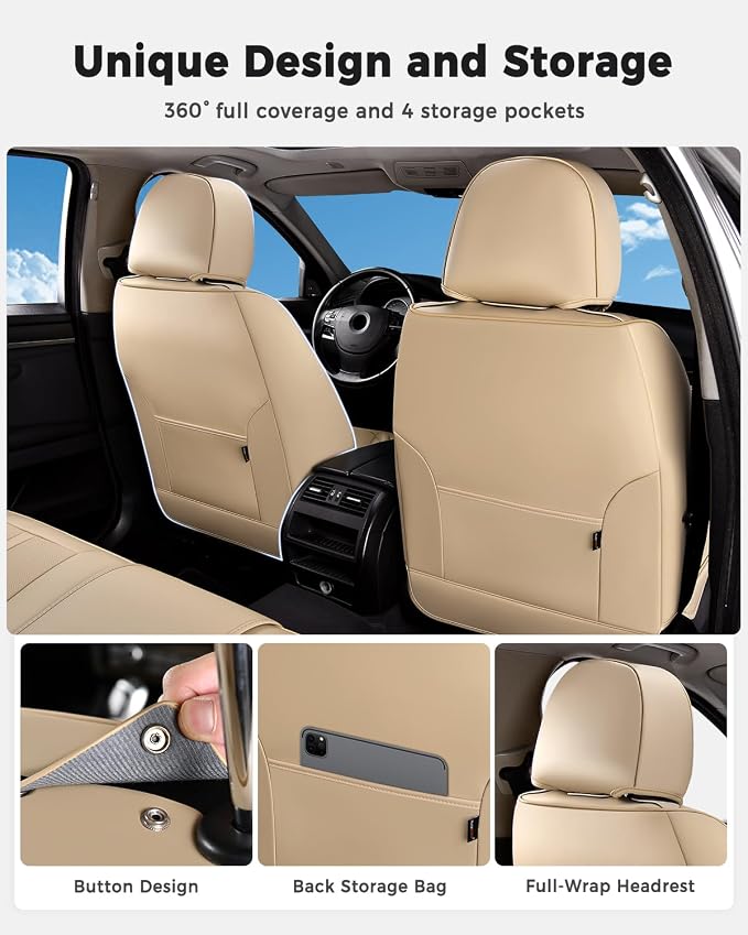 Huidasource Front Seat Covers, Universal Fit for Most Cars SUV Trucks, Full Coverage Leather Seat Cover, Airbag Compatble, Seat Function Retain, Storage Pocket Design, Easy to Install, Beige