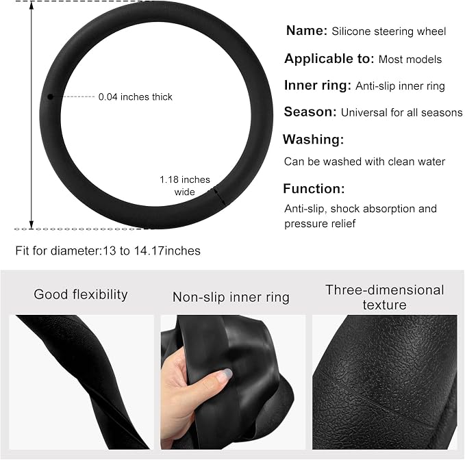 DXNQ Car Steering Wheel Cover, 13 to 14.17 inches Anti-Slip Silicone Steering Wheel Protector, Soft Flexible Shock-Absorbent Steering Wheel Protective Cover for Most Car Models (Black)