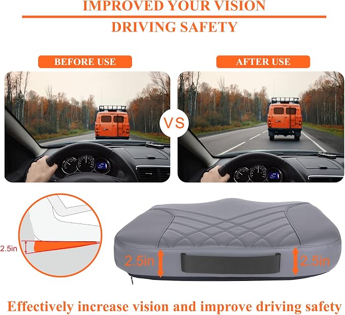 kingphenix Premium Car Seat Cushion, Memory Foam Driver Seat Cushion to Improve Driving View- Coccyx & Lower Back Pain Relief - Seat Cushion for Car, Truck, Office Chair (Leather Gray)