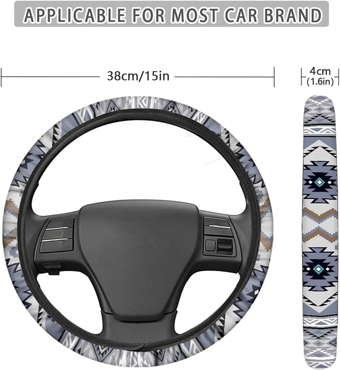 Wanyint Auto Steering Wheel Cover for Women Men, Universal 15 Inch Soft Elastic Steering Wheel Wrap Anti-Slip Easy to Install Car Accessories, Southwest Aztec Blue Gray