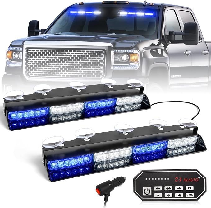 HLauto 604N Emergency Dash Strobe Lights: 2x16.8 inch Blue White Security Light w/Take Down, 48 LED Safety Flashing Warning Hazard Interior Windshield Light Bar for Trucks Vehicles