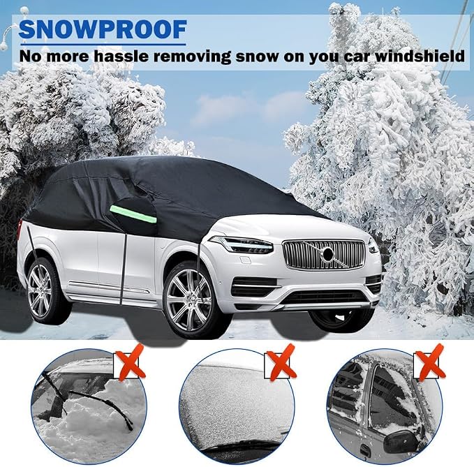 Universal SUV Half Car Cover Waterproof All Weather, Hail Protector Car Body Covers Outdoor Indoor for All Season Windproof Dustproof UV Resistant Snowproof Protect Your Windshield and Roof