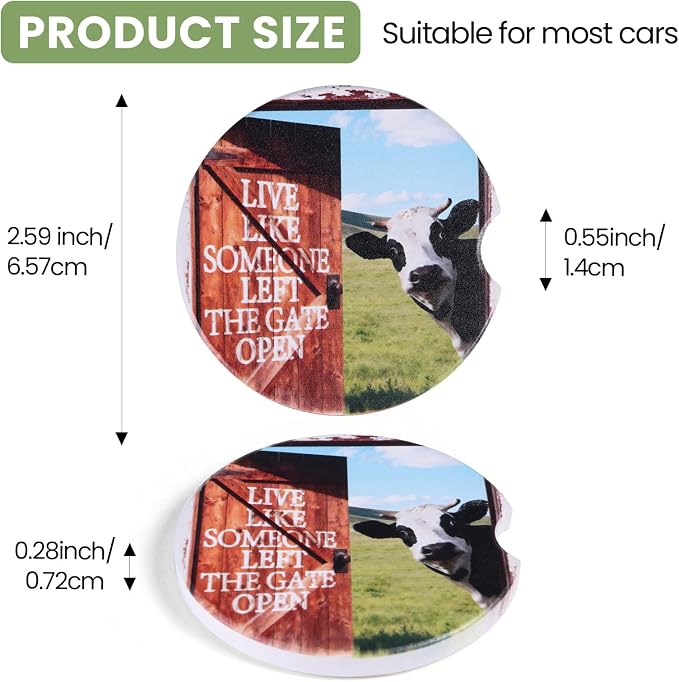 2 Pack Cow Car Print Car Coasters for Men Women Car Cup Holder Coasters, 2.63 Inch Anti Slip Ceramic Absorbent Coaster with Cork Base and Finger Notch, Cute Fun Car Accessories Interior