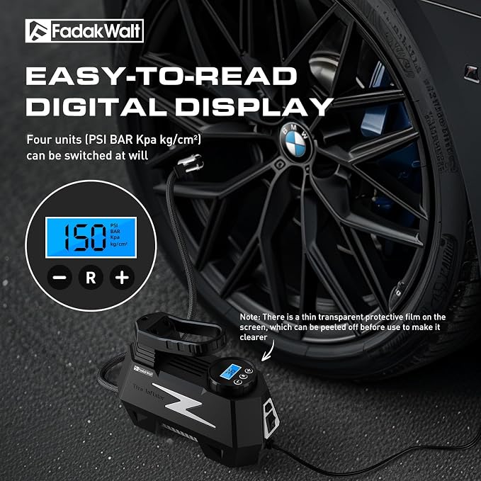 FADAKWALT Tire Inflator Portable Air Compressor, 12V DC Car Air Pump with Auto Shutoff, 150 PSI Digital Gauge, LED Light, Metal Valve Connector, Accessories for Cars, Large, Sliver