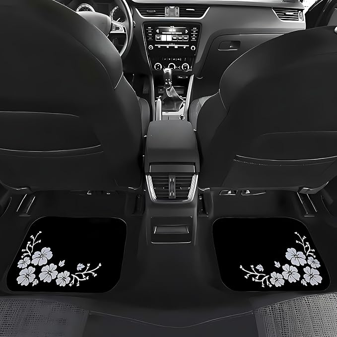 Universal Fit Car Floor Mats Set of 4Pcs, White Floral Pattern All-Weather Front Rear Car Carpet Mats, Non-Slip Car Floor Mat Car Accessories for Automotive Trucks SUV Sedans Vans