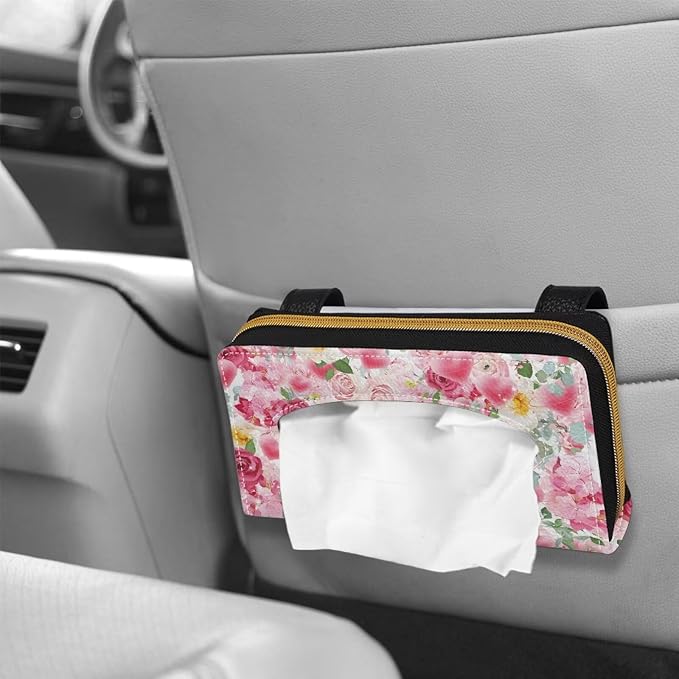 Rose Car Sun Visor Napkin Holder Hearts Print Sun Visor Tissue Holder PU Leater Backseat Tissue Box Gift for Women Wife Girls