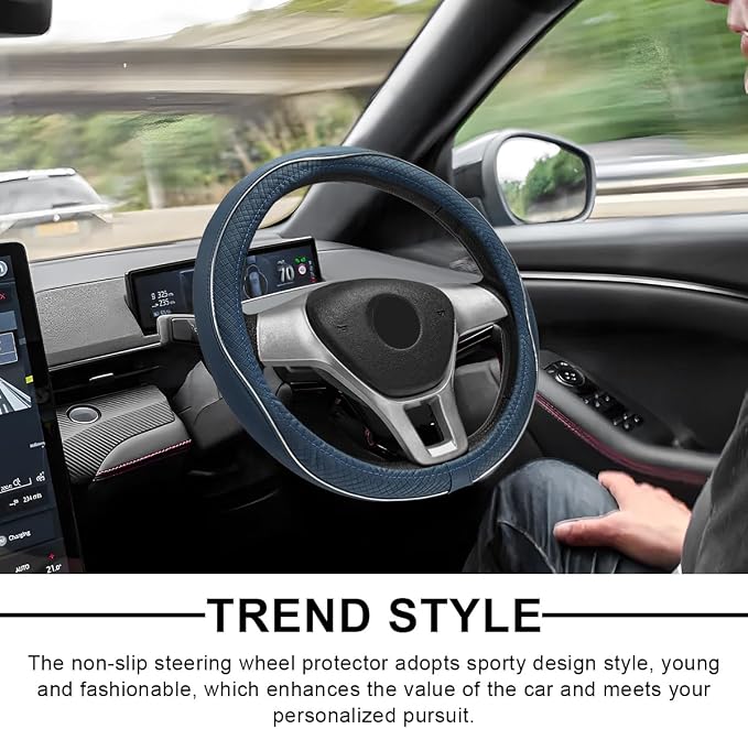 Car Steering Wheel Cover, 15 Inch Anti-Slip Breathable Leather Auto Steering Wheel Protector, Full Surround Soft Steering Wheel Cover for Men Women, Car Interior Accessories (Blue & White)