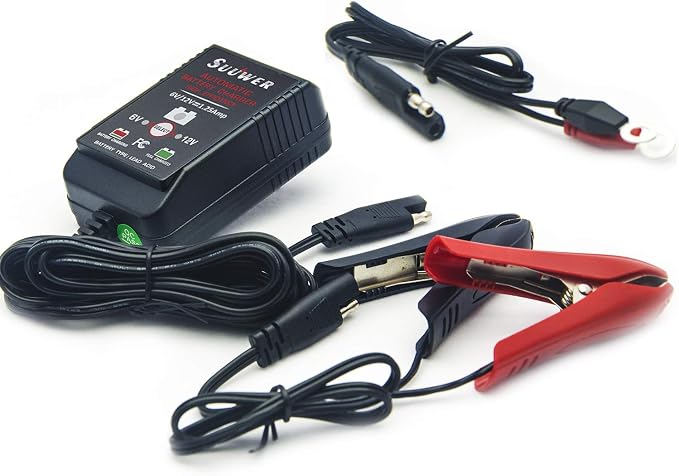 Suuwer Automatic Trickle Battery Charger, 6V&12V 1250mA Battery Maintainer. | for Car Motorcycle ATV Boat, With 12FT DC Cable