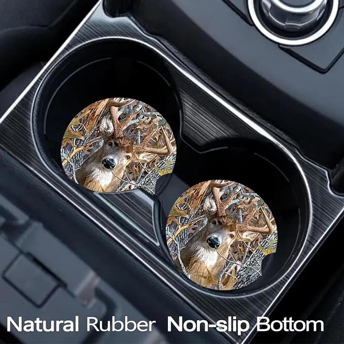 2 Pack Camo Deer Car Cup Holder Coasters Universal Neoprene Coasters | 2.75" Universal Size Anti Slip Rubber Mat, Auto Cup Holder Accessories for SUV Truck, Camo Deer Gifts for Women Men Mom