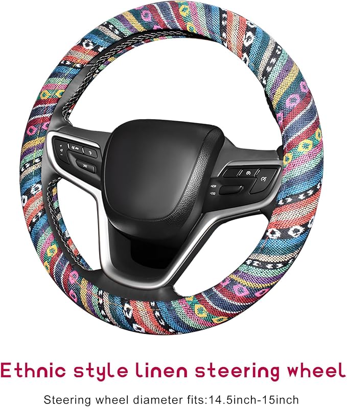 Boho Steering Wheel Cover, Anti-Slip Coarse Flax Cloth Ethnic Style Auto Wheel Cover, Breathable Boho Auto Steering Wheel Protector for Women Men, Car Accessories (Style A)