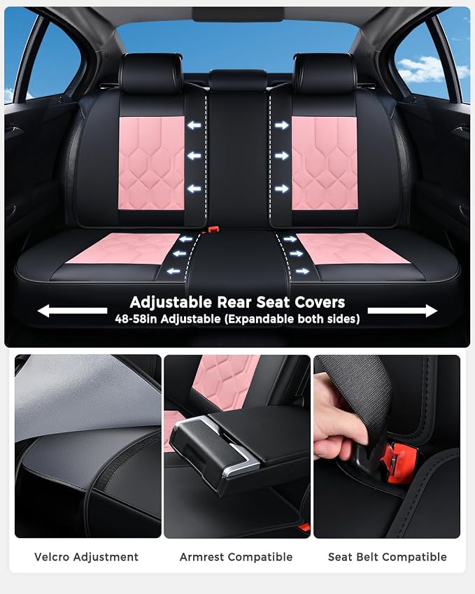 Huidasource Car Seat Covers, Universal Fit for Cars SUVs Trucks, Black&Pink | Full Coverage Leather Seat Cover, Airbag, Cupholder Compatible, Seat Function Retain, Easy Install with Velcro