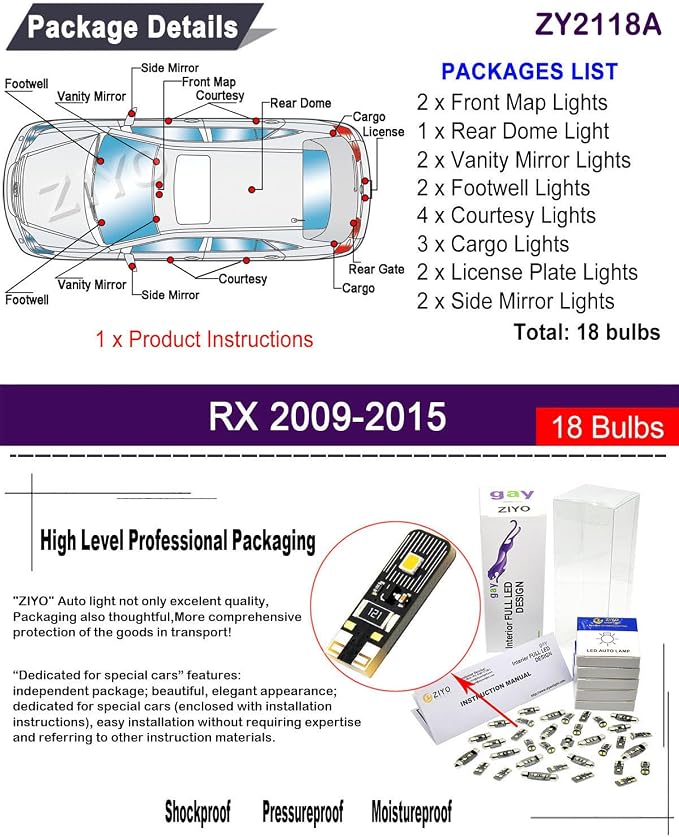LED Interior Light kit for Lexus RX330 RX350 RX400h RX450h, 6000K White Dome Lights Accessories Replacement Package, LED Light Bulbs Upgrade (For Lexus RX 2009-2015 (18 Bulbs))