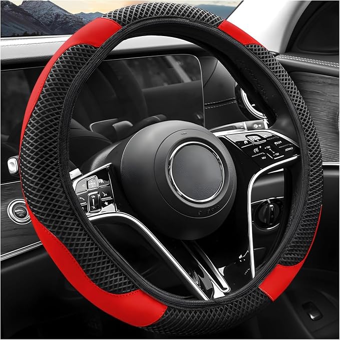 Elastic Stretch Steering Wheel Cover, Warm in Winter and Cool in Summer, Universal 15 inch Microfiber Breathable Ice Silk Anti Slip Car Interior Accessories, Odorless, (Black Red)