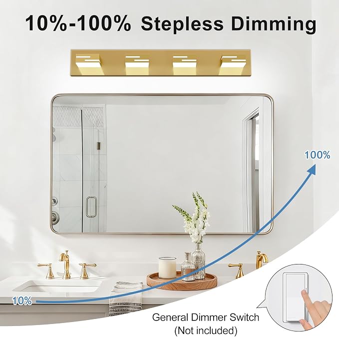 LED Modern Bathroom Vanity Light Fixtures, Dimmable Gold Vanity Lights for Bathroom Lighting Fixtures Over Mirror, with 360° Rotatable Heads 4-Light 30-inch (Cool White 6000K)