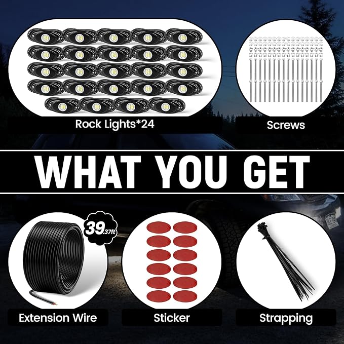 YONEDA 24 Pods White Rock Lights 6000K 9LED Bright LED Underglow Lights IP68 Waterproof for Trucks SUV UTV ATV RZR Car Boats Pickup Motorcycle with 39.37ft Extension Wire