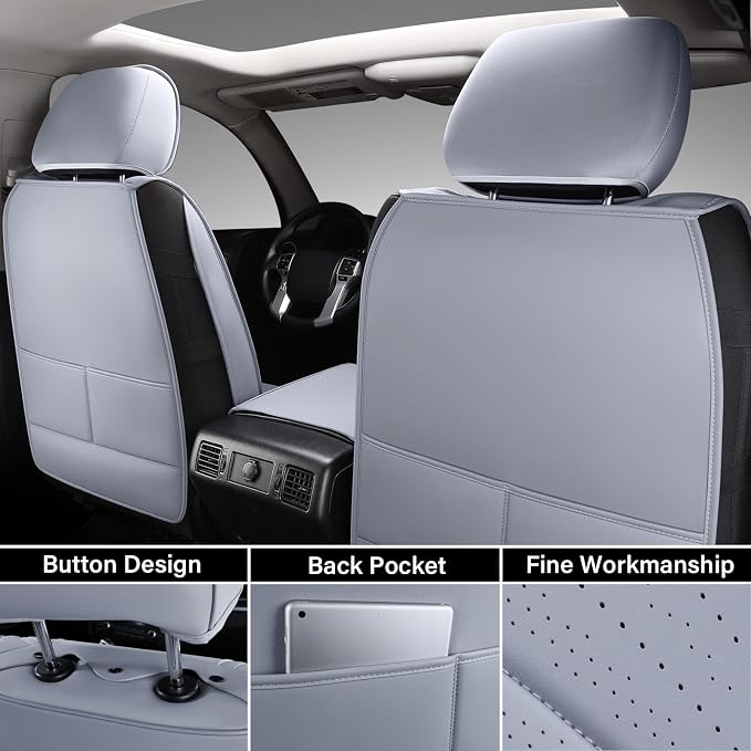 Coverado Toyota Tundra Seat Covers, Leather Car Seat Covers Full Set Automotive Seat Covers Protector Compatible with 2007-2021 Toyota Tundra Crew/Crewmax/Extended/Double Cab(Gray)