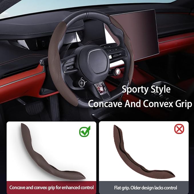 Car Steering Wheel Cover, O/D Shape, Nappa Leather, Segmented, Anti-Slip, Odorless, Breathable, for Men & Women, 14-15inch (Coffee)