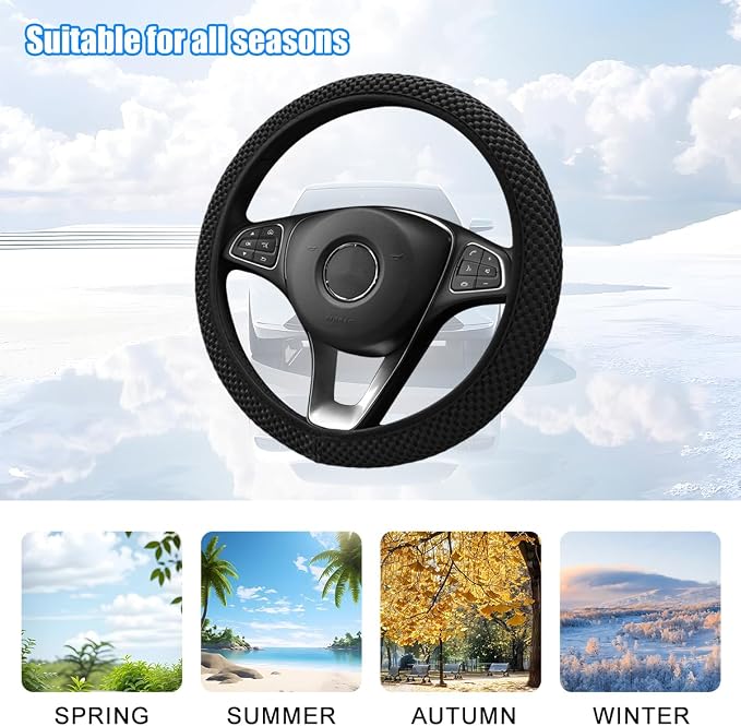 Car Elastic Stretch Steering Wheel Cover, 14.5-15" Breathable Ice Silk Anti-Slip Vehicle Steering Wheel Protector, Comfy Auto Interior Protection Accessories, Universal Fit (Black)