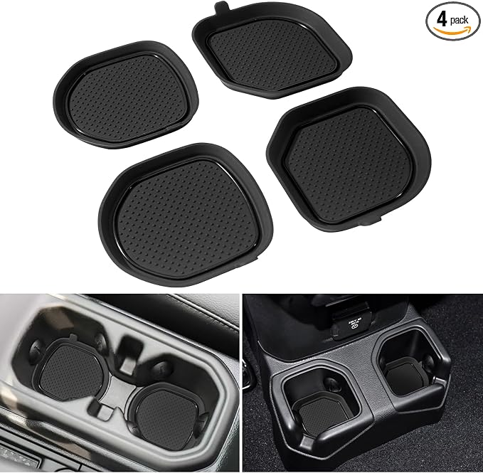 Cup Holder Coaster for Wrangler JL JLU 2018-2025 2026 Wrangler Accessories | for Gladiator JT 2020-2026 Silicone Cup Inserts, Interior Mats Pad, 4-pcs Set, for Deep Rear Cup Holders, Black Trim