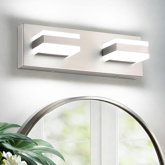 SOLFART 2 Light Brushed Nickel Vanity Lights for Bathroom Over Mirror, Modern LED Lighting Fixture, 14 Inch Cool Light