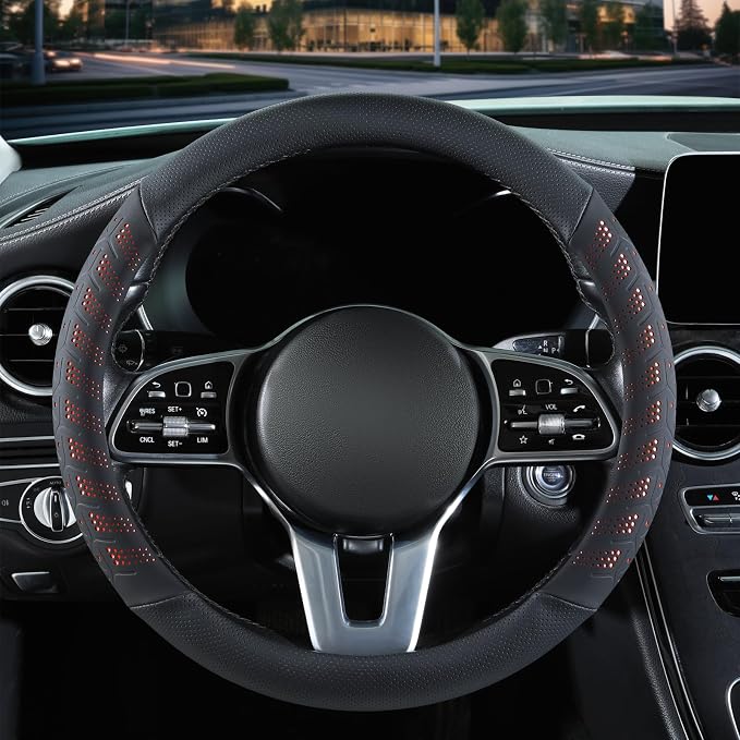 3D Slim Soft 15 inch Leather Steering Wheel Cover Black with Orange | Breathable Anti-Slip Premium Skin-Feel Perforated Thin Nappa Leather, Universal 14.5 inch to 15 inch