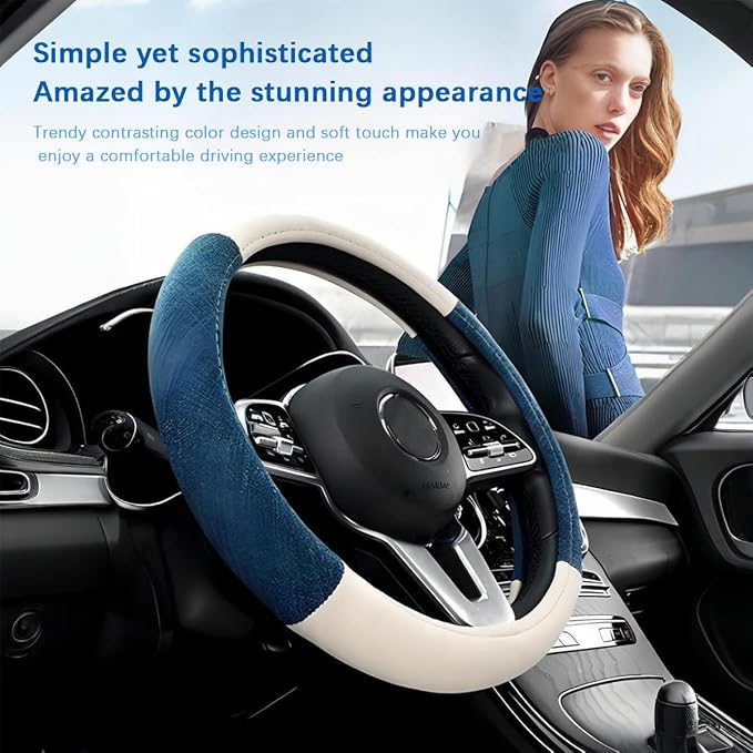 Zpana Car Steering Wheel Cover, 15" Linen Breathable Soft Anti-Slip Full Surround Vehicle Steering Wheel Protector, Automobile Interior Protection, Universal for Sedan Truck SUV (Beige)