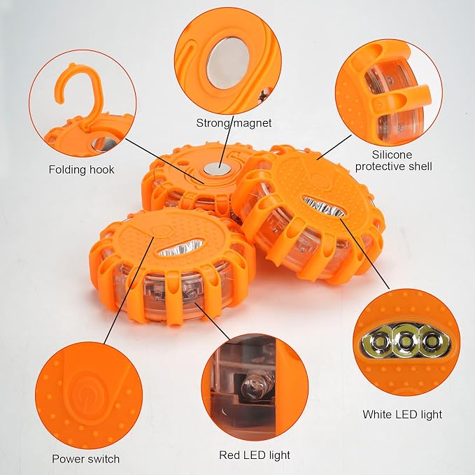 HEIGPAN GP906 LED Road Flares Safety Flashing Warning Lights Kit, Magnetic Base & Hook 9 Flash Modes, for Emergency Roadside Safety Warning 6 Pack (Batteries not Included) Orange