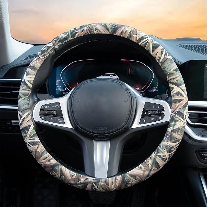 Mossy Oak Shadow Grass Blades Steering Wheel Cover Auto Steering Wheel Protector, Anti-Slip, Breathable, Absorbing Sweat, Universal Camo Car Accessories 14.5–15 inch,Fit for Most Car, Trucks, SUV