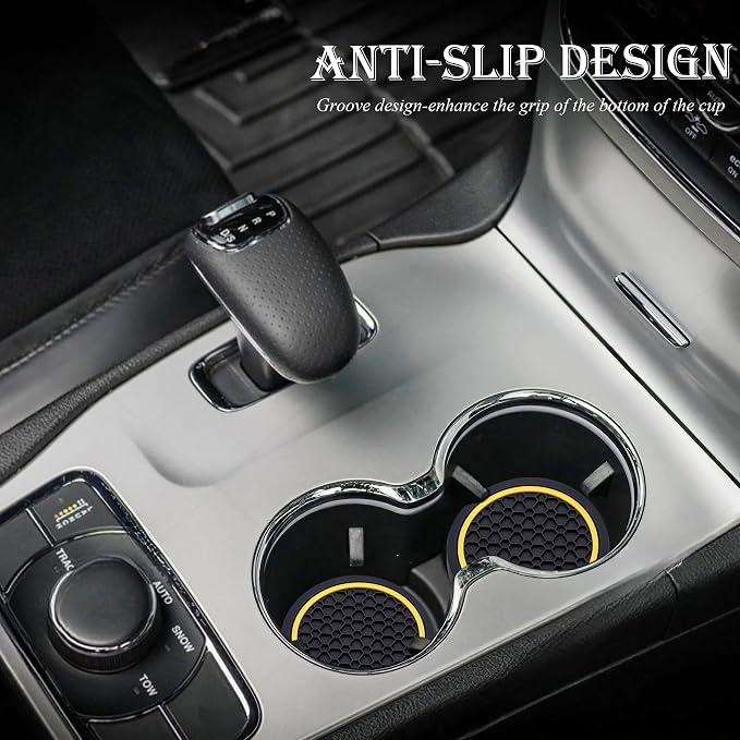 2-Piece Anti-Slip Car Cup Coaster Set – 2.75 Inch Auto Insert Drink Mats, Perfect for Coffee & Beverages – Stylish Interior Decor for Women & Girls (Black & Yellow)