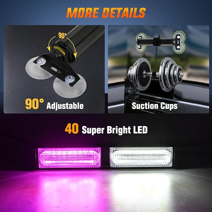 Nilight 40LED Purple White Emergency Strobe Traffic Advisor Light Bar with Suction Cups Dash Safety Warning Hazard Flashing Lights Interior Front/Rear Windshield for Trucks Construction Vehicles