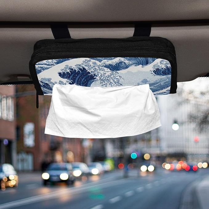 Car Tissue Holder Car Napkin Holder Tissue Box Dispenser Storage Case Sun Visor Mask Holder Accessories with Adjustable Straps Reusable Refillable Deep Blue Wave Pattern Snow Mountain